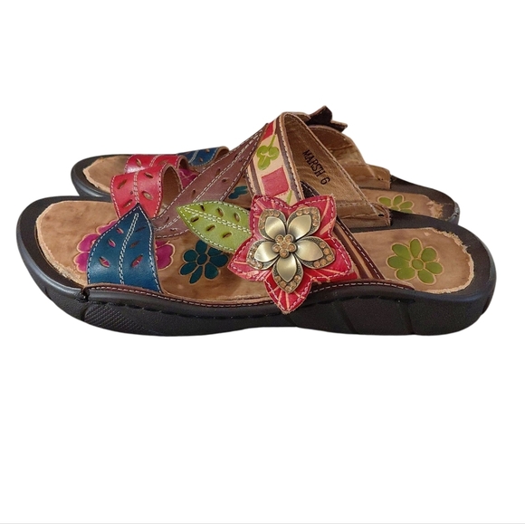 Elite By Corky's Marsh Painted Leather Slide On Sandals Size 6 - Picture 5 of 11